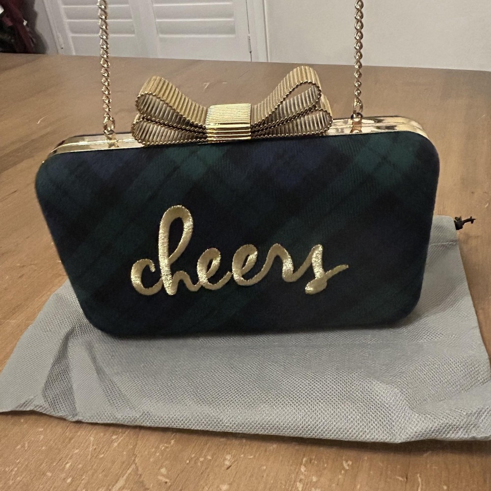 Talbots Clutch Womens Small Green Plaid‎ Cheers Bow Chain Strap Holiday Purse
